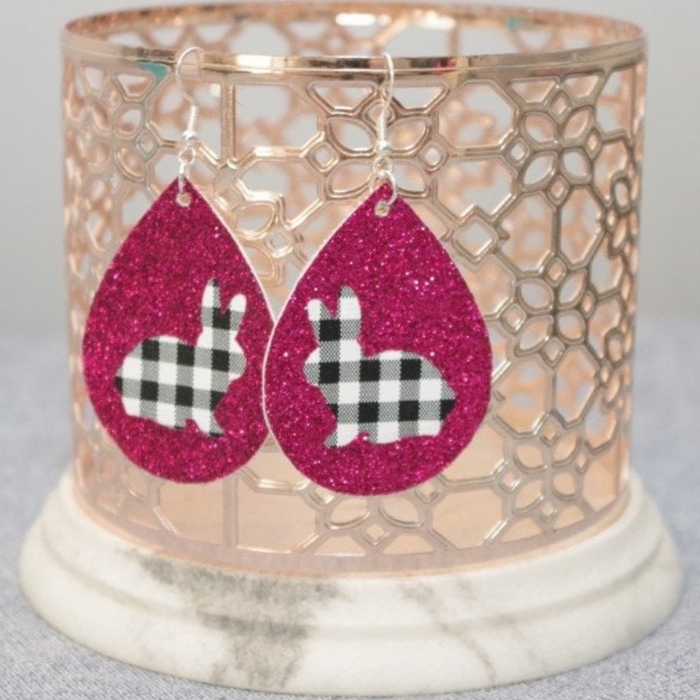 Peek a boo Bunny Glitter Black & White Mini Buffalo Plaid Teardrop Earrings